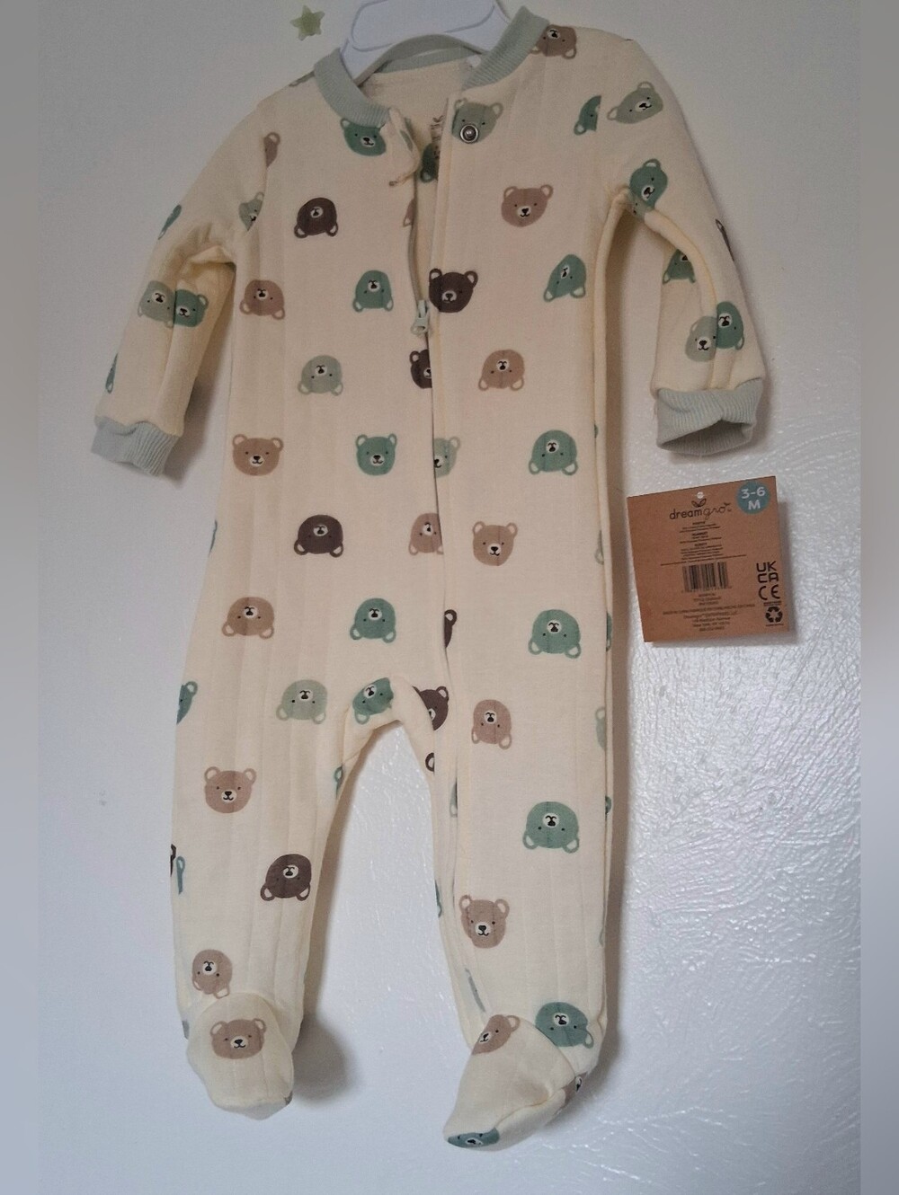 Dream Gro  Footed One-Piece with Bear Print - Cream/Green/Brown